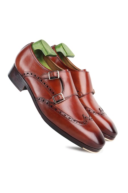 Fellmonger_Brown Mirror Glossed Patina Monk Strap Shoes _Online_at_Aza_Fashions