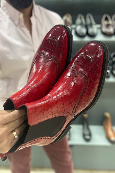 Buy Fellmonger Red Textured Mirror Glossed Patina Croco Chelsea Extra Light Boots Online at Aza Fashions Buy_Fellmonger_Red Textured Mirror Glossed Patina Croco Chelsea Extra Light Boots _Online_at_Aza_Fashions
