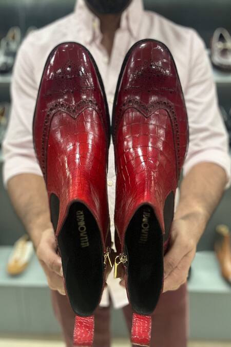 Shop Fellmonger Red Textured Mirror Glossed Patina Croco Chelsea Extra Light Boots Online at Aza Fashions Shop_Fellmonger_Red Textured Mirror Glossed Patina Croco Chelsea Extra Light Boots _Online_at_Aza_Fashions