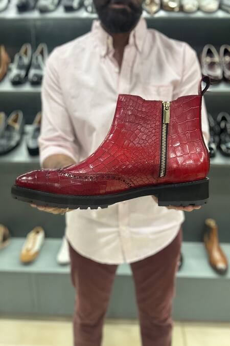 Fellmonger Red Textured Mirror Glossed Patina Croco Chelsea Extra Light Boots at Aza Fashions Fellmonger_Red Textured Mirror Glossed Patina Croco Chelsea Extra Light Boots _at_Aza_Fashions