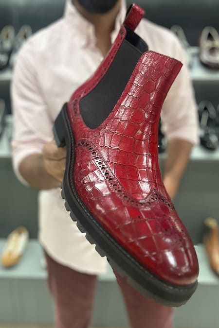 Buy Fellmonger Red Textured Mirror Glossed Patina Croco Chelsea Extra Light Boots Buy_Fellmonger_Red Textured Mirror Glossed Patina Croco Chelsea Extra Light Boots