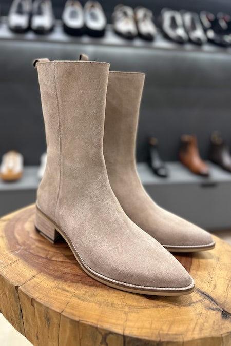 Shop Fellmonger Cream Plain Suede Cowboy Long Zip Boots at Aza Fashions Shop_Fellmonger_Cream Plain Suede Cowboy Long Zip Boots _at_Aza_Fashions