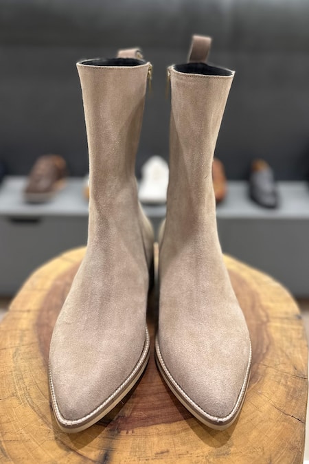 Fellmonger Cream Plain Suede Cowboy Long Zip Boots Online at Aza Fashions Fellmonger_Cream Plain Suede Cowboy Long Zip Boots _Online_at_Aza_Fashions