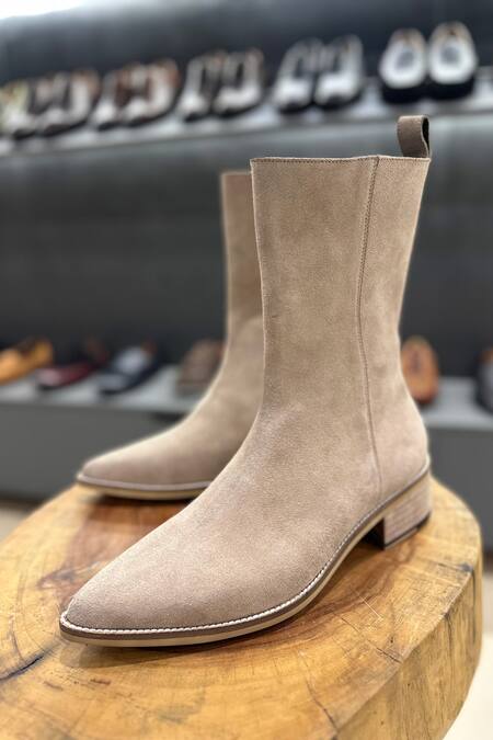 Shop Fellmonger Cream Plain Suede Cowboy Long Zip Boots Online at Aza Fashions Shop_Fellmonger_Cream Plain Suede Cowboy Long Zip Boots _Online_at_Aza_Fashions