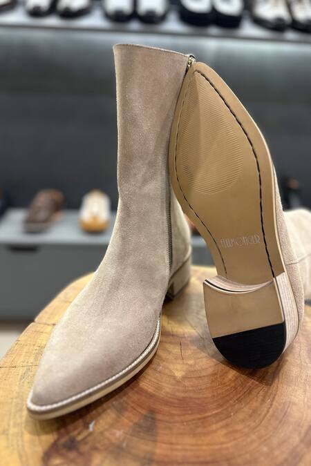 Fellmonger Cream Plain Suede Cowboy Long Zip Boots at Aza Fashions Fellmonger_Cream Plain Suede Cowboy Long Zip Boots _at_Aza_Fashions