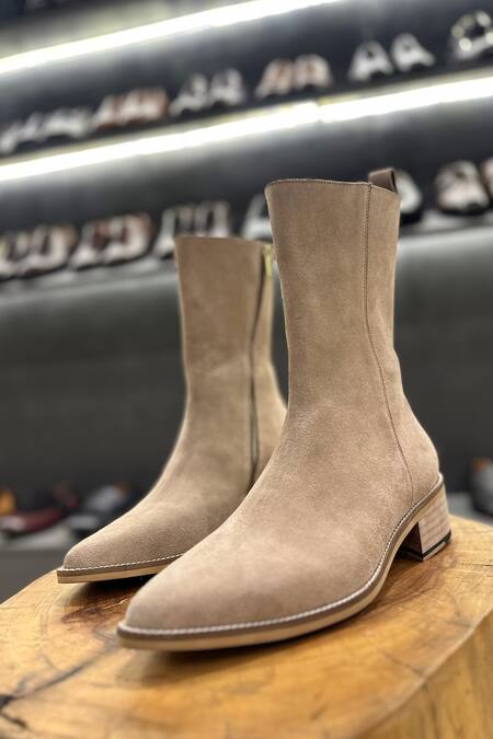 Buy Fellmonger Cream Plain Suede Cowboy Long Zip Boots Buy_Fellmonger_Cream Plain Suede Cowboy Long Zip Boots