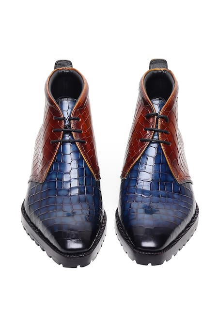 Fellmonger_Blue Textured Color Block Chukka Boots _at_Aza_Fashions