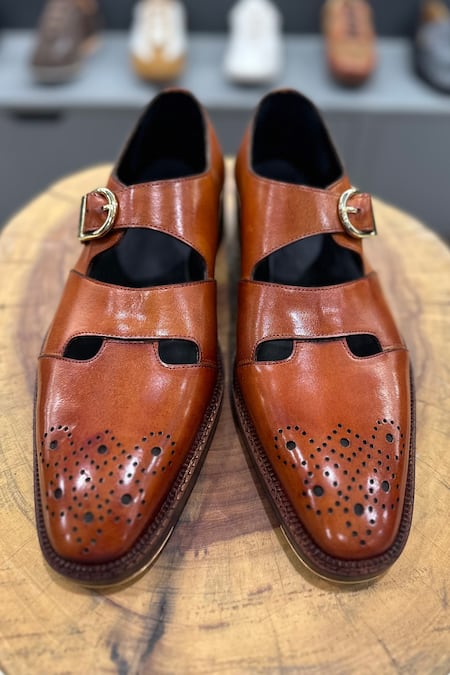 Fellmonger_Brown Mirror Glossed Patina Medallion Sandals _Online_at_Aza_Fashions