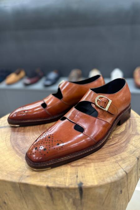 Shop_Fellmonger_Brown Mirror Glossed Patina Medallion Sandals _Online_at_Aza_Fashions