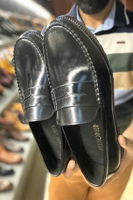 Fellmonger_Black Plain Leather Moccasins Loafers _at_Aza_Fashions