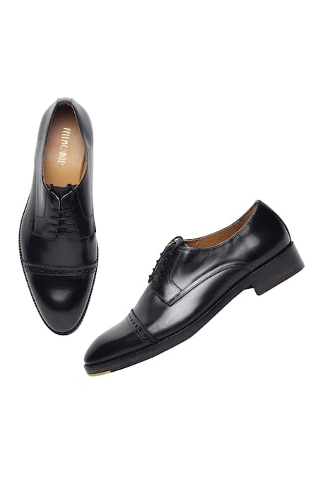 Shop_Fellmonger_Black Plain Leather Semi Brogue Captoe Derby _Online_at_Aza_Fashions