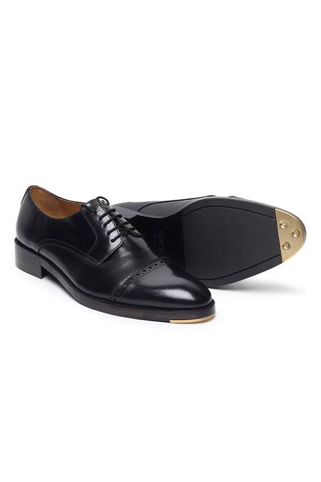 Fellmonger_Black Plain Leather Semi Brogue Captoe Derby _at_Aza_Fashions