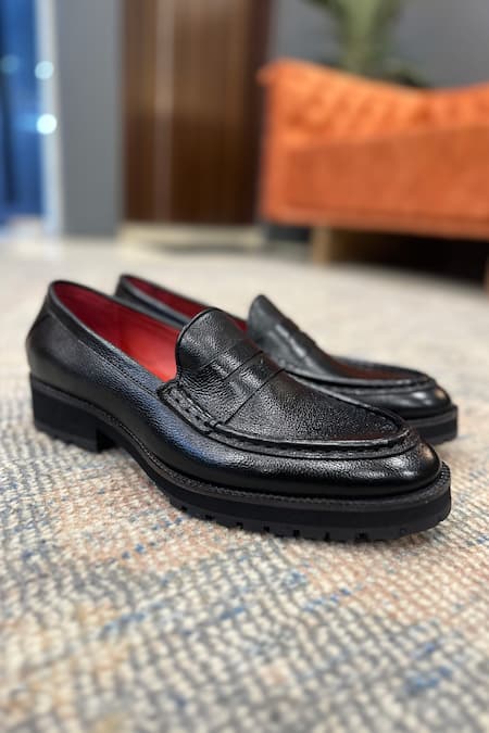 Fellmonger_Black Plain Leather Milled Penny Moccasin Loafers _Online_at_Aza_Fashions