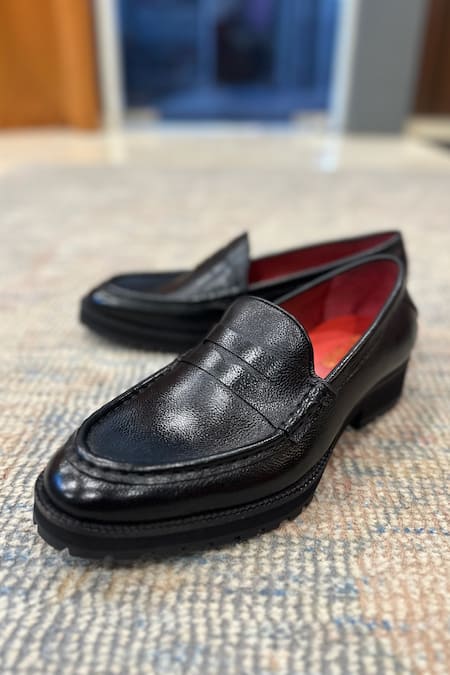 Fellmonger_Black Plain Leather Milled Penny Moccasin Loafers _at_Aza_Fashions
