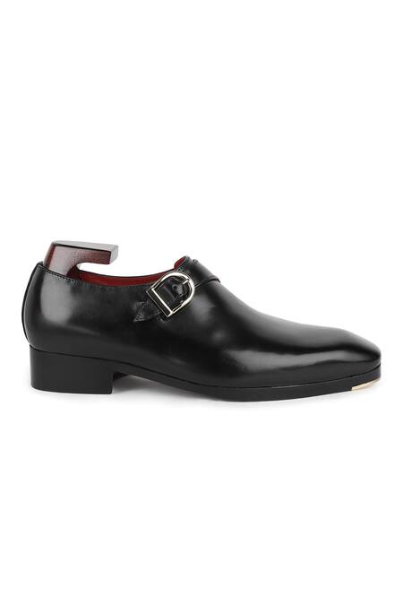 Fellmonger_Black Plain Leather Metal Toe Single Monk _Online_at_Aza_Fashions