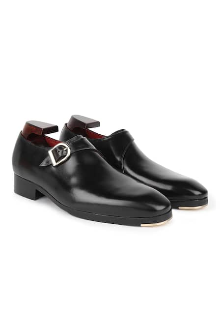 Shop_Fellmonger_Black Plain Leather Metal Toe Single Monk _Online_at_Aza_Fashions
