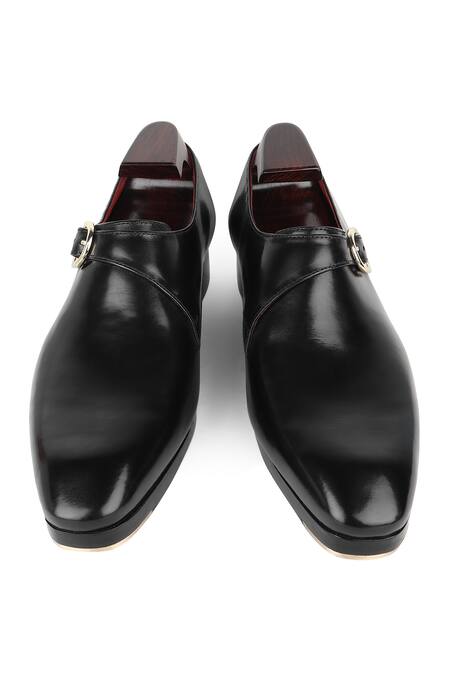 Fellmonger_Black Plain Leather Metal Toe Single Monk _at_Aza_Fashions