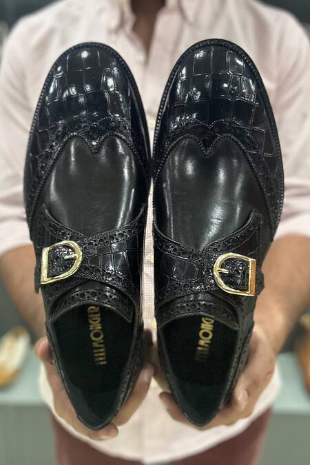 Fellmonger_Black Textured Leather Croco Single Monk _Online_at_Aza_Fashions