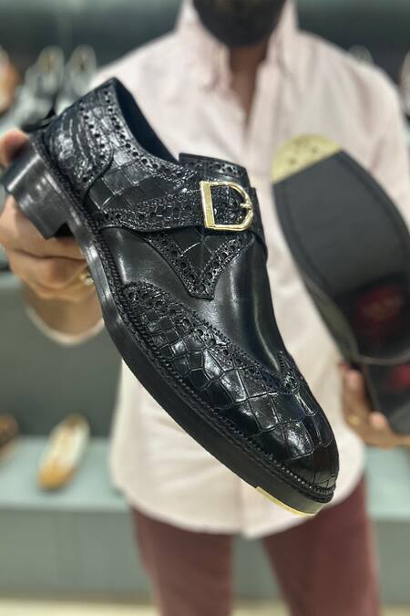 Shop_Fellmonger_Black Textured Leather Croco Single Monk _Online_at_Aza_Fashions