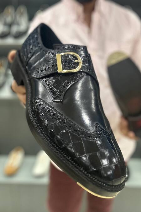 Fellmonger_Black Textured Leather Croco Single Monk _at_Aza_Fashions