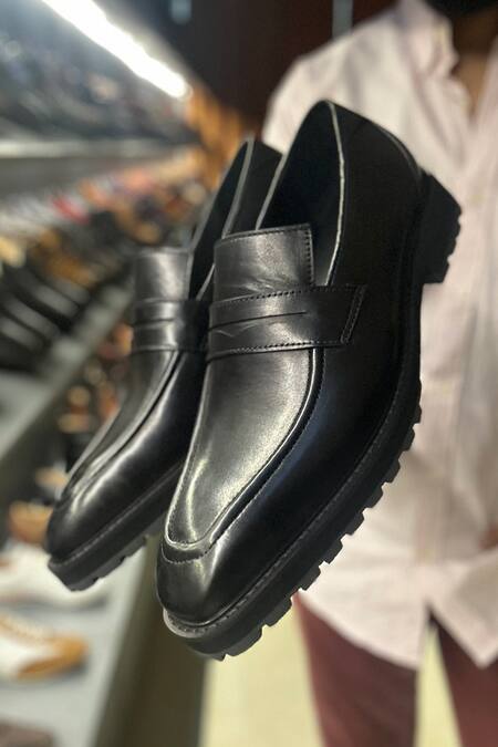 Fellmonger Black Plain Leather Square Toe Penny Loafer Online at Aza Fashions Fellmonger_Black Plain Leather Square Toe Penny Loafer _Online_at_Aza_Fashions
