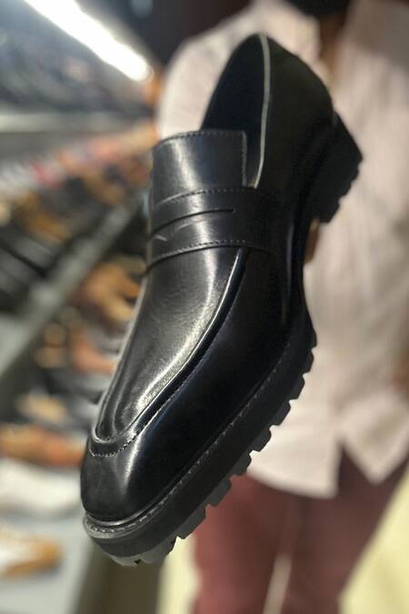 Fellmonger Black Plain Leather Square Toe Penny Loafer at Aza Fashions Fellmonger_Black Plain Leather Square Toe Penny Loafer _at_Aza_Fashions