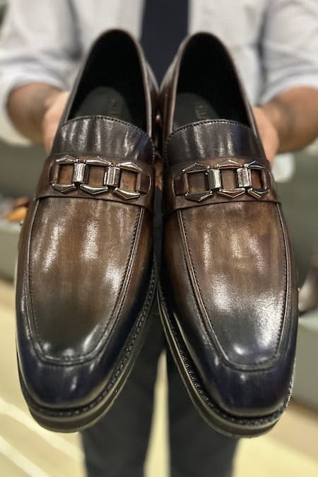 Fellmonger_Blue Embellished Leather Buckle Ombre Loafers _Online_at_Aza_Fashions