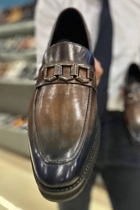 Shop_Fellmonger_Blue Embellished Leather Buckle Ombre Loafers _Online_at_Aza_Fashions