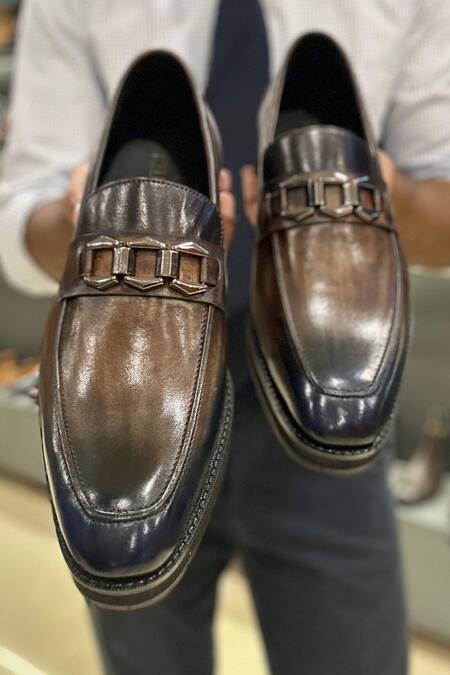 Fellmonger_Blue Embellished Leather Buckle Ombre Loafers _at_Aza_Fashions