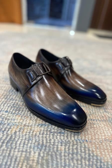 Fellmonger Blue Plain Leather Ombre Derby Shoes Online at Aza Fashions Fellmonger_Blue Plain Leather Ombre Derby Shoes _Online_at_Aza_Fashions