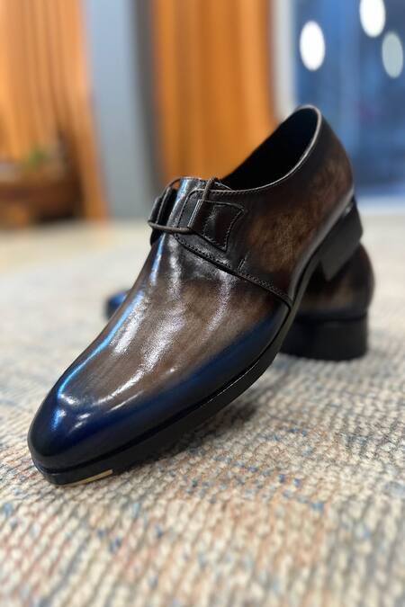 Shop Fellmonger Blue Plain Leather Ombre Derby Shoes Online at Aza Fashions Shop_Fellmonger_Blue Plain Leather Ombre Derby Shoes _Online_at_Aza_Fashions