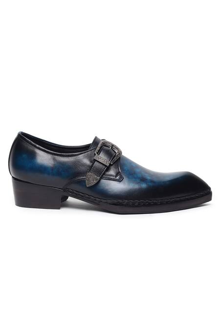 Fellmonger_Blue Plain Leather Single Monk Strap Shoes _Online_at_Aza_Fashions