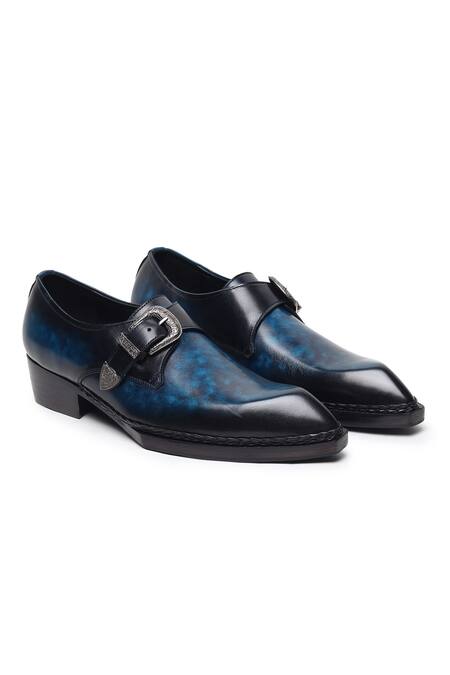 Buy_Fellmonger_Blue Plain Leather Single Monk Strap Shoes _Online_at_Aza_Fashions