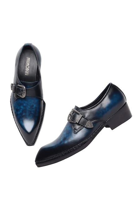 Shop_Fellmonger_Blue Plain Leather Single Monk Strap Shoes _Online_at_Aza_Fashions