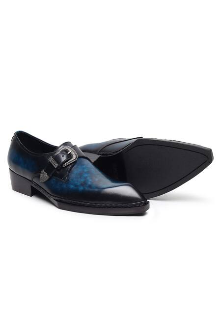 Fellmonger_Blue Plain Leather Single Monk Strap Shoes _at_Aza_Fashions