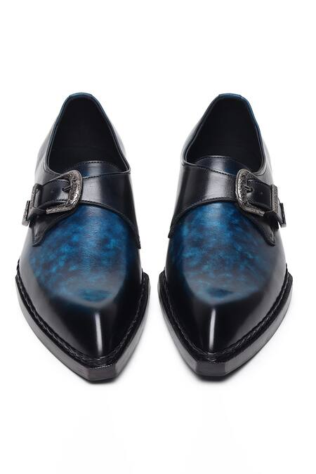 Buy_Fellmonger_Blue Plain Leather Single Monk Strap Shoes 