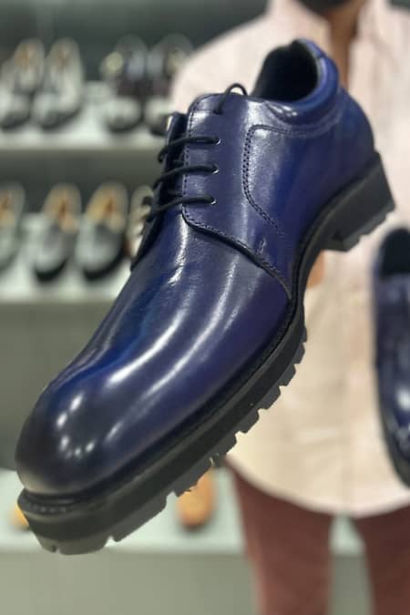 Fellmonger_Blue Mirror Glossed Patina Sporty Derby Shoes _Online_at_Aza_Fashions
