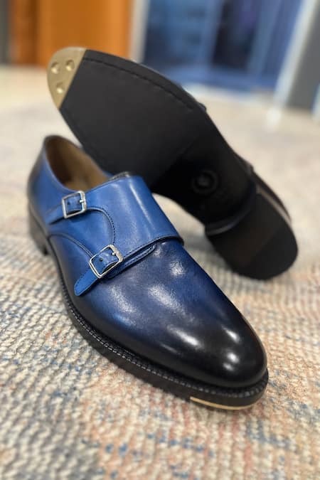 Fellmonger_Blue Patina Mirror Glossed Double Monk Strap _Online_at_Aza_Fashions