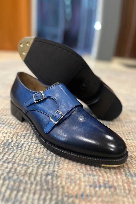 Buy_Fellmonger_Blue Patina Mirror Glossed Double Monk Strap _Online_at_Aza_Fashions