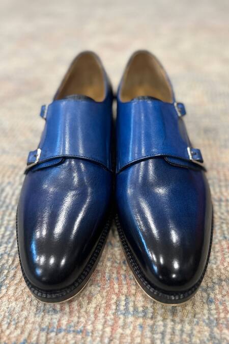 Fellmonger_Blue Patina Mirror Glossed Double Monk Strap _at_Aza_Fashions
