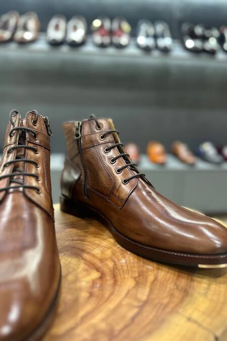 Fellmonger Brown Mirror Glossed Patina Mid Boots Online at Aza Fashions Fellmonger_Brown Mirror Glossed Patina Mid Boots _Online_at_Aza_Fashions