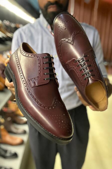 Fellmonger_Burgundy Longwing Brogue Pattern Derby Shoes _Online_at_Aza_Fashions