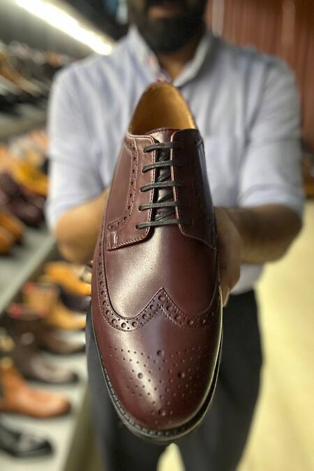 Shop_Fellmonger_Burgundy Longwing Brogue Pattern Derby Shoes _Online_at_Aza_Fashions