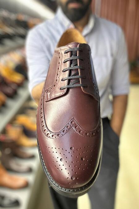 Fellmonger_Burgundy Longwing Brogue Pattern Derby Shoes _at_Aza_Fashions