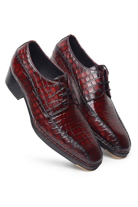 Shop Fellmonger Burgundy Mirror Glossed Patina Norwegian Derby Shoes Shop_Fellmonger_Burgundy Mirror Glossed Patina Norwegian Derby Shoes