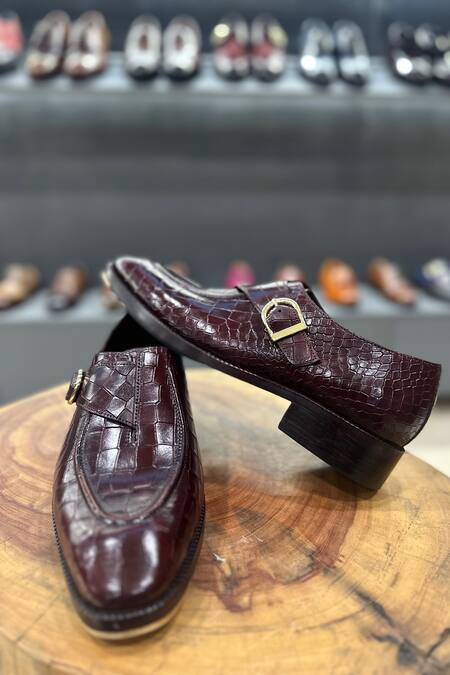 Shop_Fellmonger_Burgundy Croco Textured Pattern Single Monk Strap _Online_at_Aza_Fashions