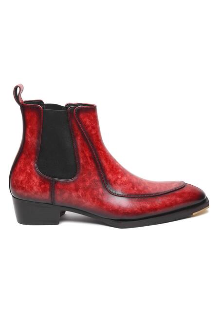 Buy_Fellmonger_Burgundy Mirror Glossed Marble Patina Chelsea Boots _Online_at_Aza_Fashions