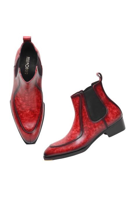 Fellmonger_Burgundy Mirror Glossed Marble Patina Chelsea Boots _at_Aza_Fashions