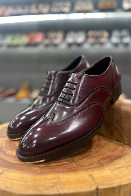 Fellmonger_Burgundy Mirror Glossed Patina Wingtip Oxfords _Online_at_Aza_Fashions