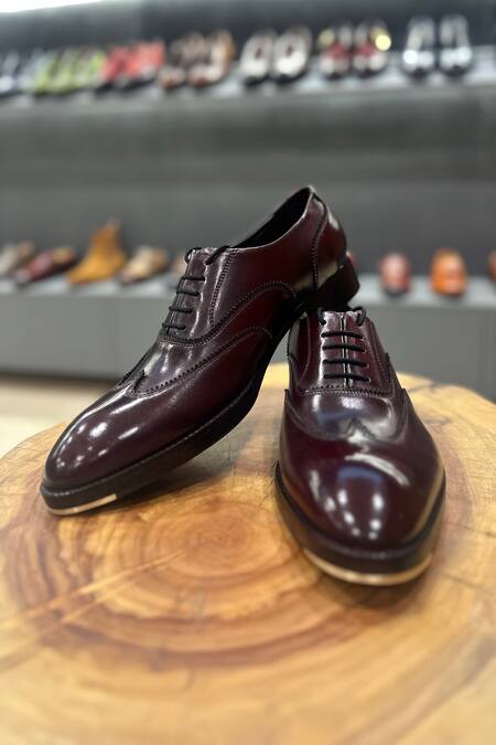 Shop_Fellmonger_Burgundy Mirror Glossed Patina Wingtip Oxfords _Online_at_Aza_Fashions